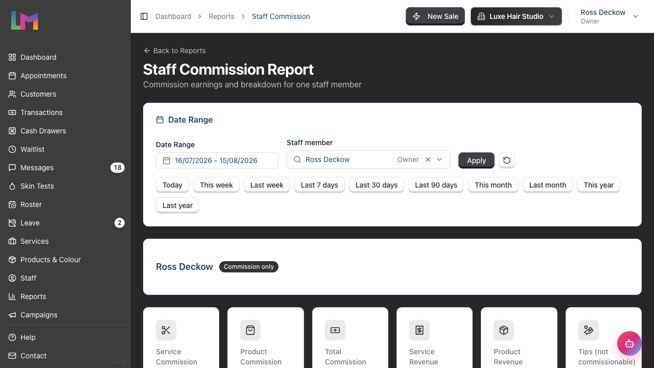 The Staff Commission Report on first load, showing the Date Range filter with the staff selector, the selected staff member's name with compensation badge, and the row of summary cards