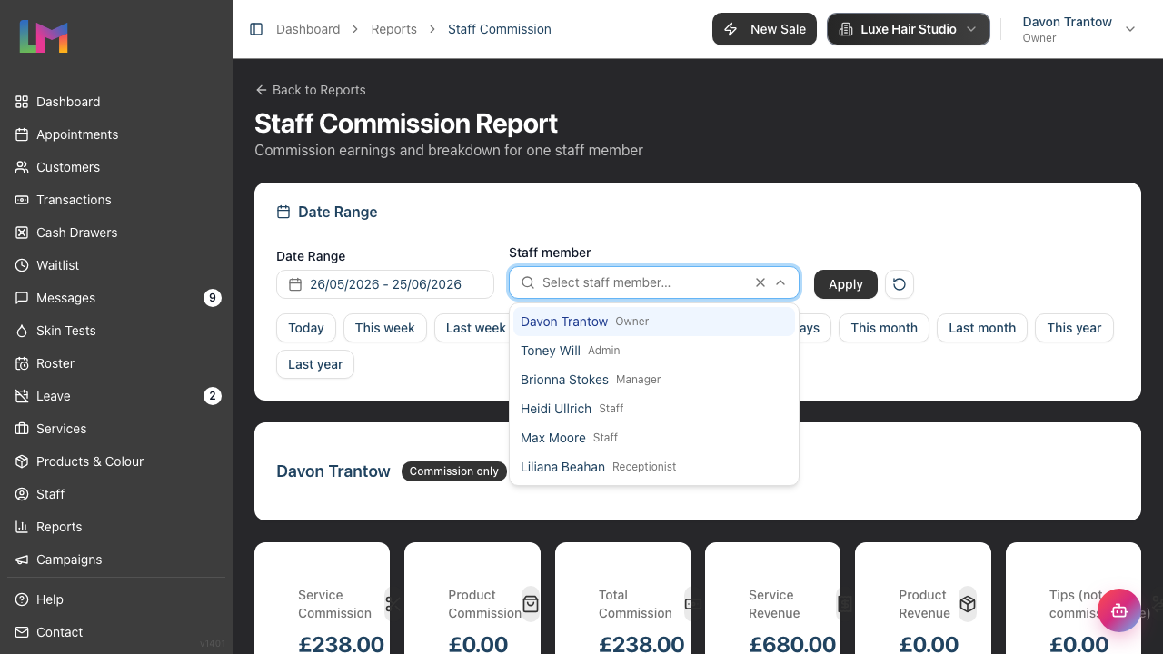 The staff selector open, listing each staff member by name with their role shown in muted text beside it