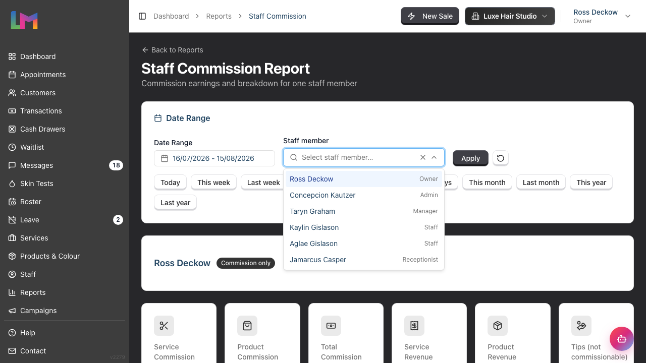 The staff selector open, listing each staff member by name with their role shown in muted text beside it