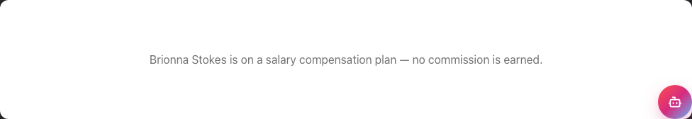 The no-commission empty state for a salary staff member, with a Salary compensation badge, zeroed summary cards, and an explanatory message in place of a breakdown