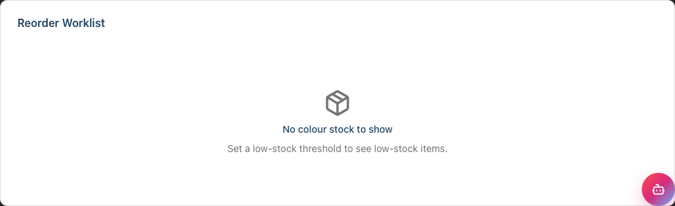 The Reorder Worklist empty because the Low stock filter was used without a threshold, with the hint to set a low-stock threshold
