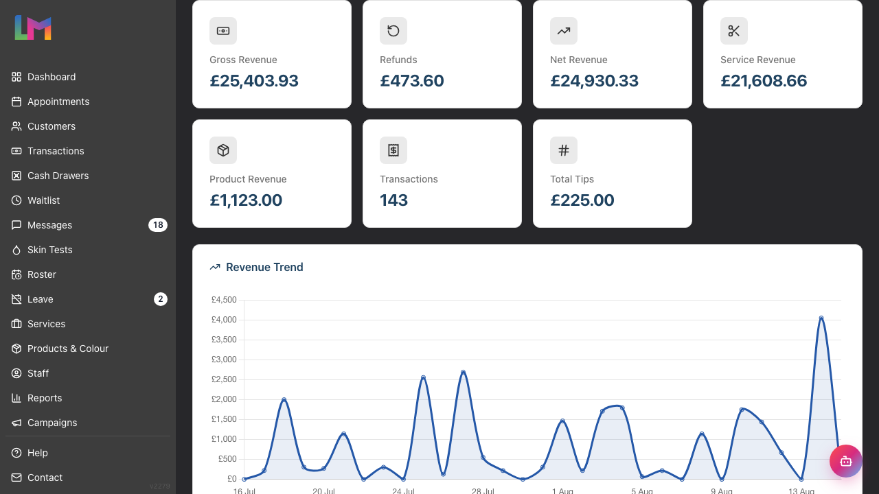The summary cards at the top of the Daily Revenue report