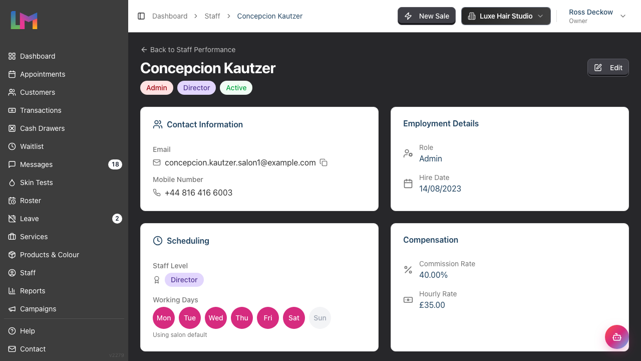 A staff profile opened from the report, with the Back to Staff Performance link above the name