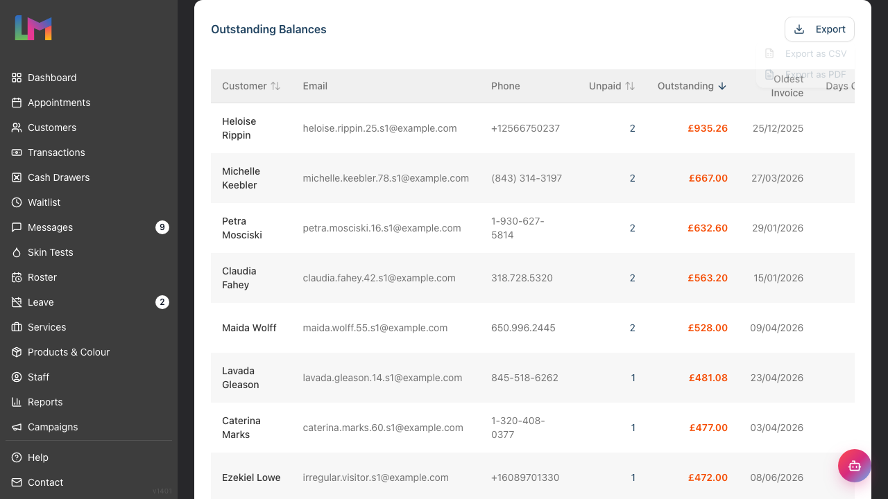 The Export menu open on the Outstanding Balances card showing the Export as CSV and Export as PDF options