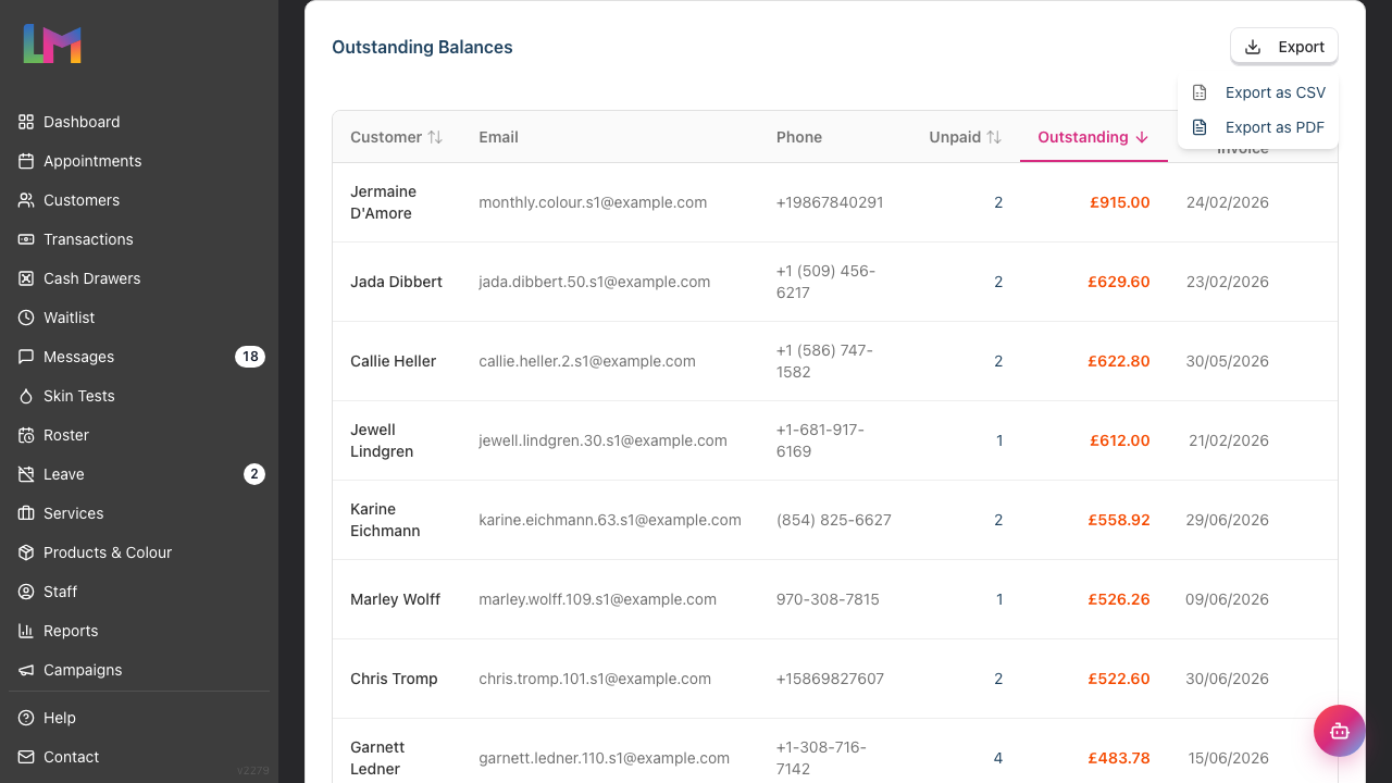 The Export menu open on the Outstanding Balances card showing the Export as CSV and Export as PDF options