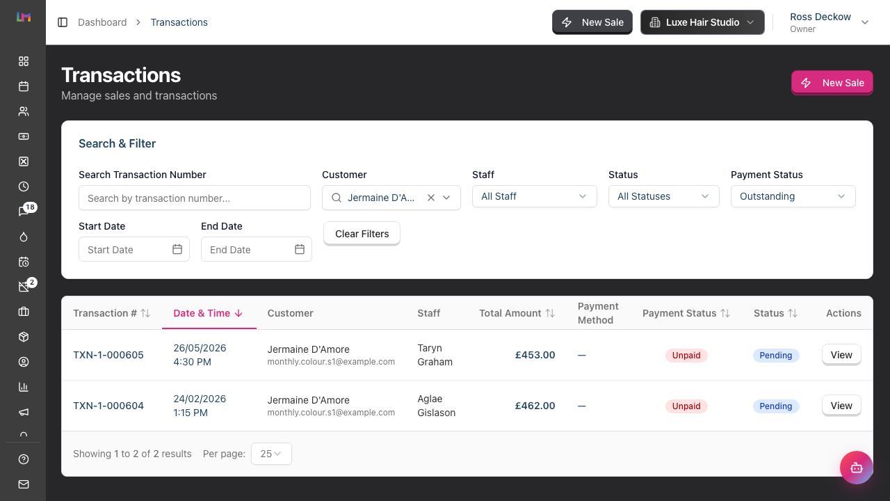 The Transactions page filtered to one customer, with their name in the customer box, the payment-status box set to Outstanding, and two unpaid transactions listed