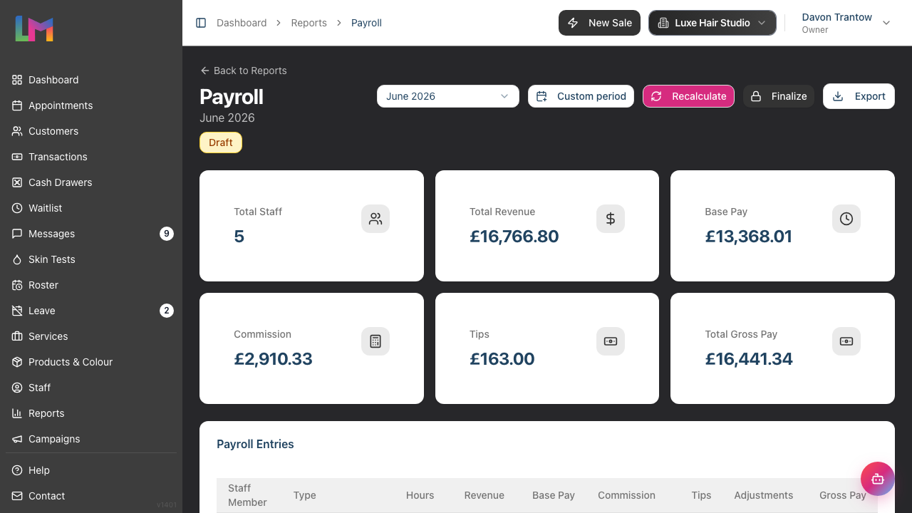 The Payroll report showing the period label, Draft status badge, period selector, the Recalculate, Finalize and Export buttons, and the summary cards