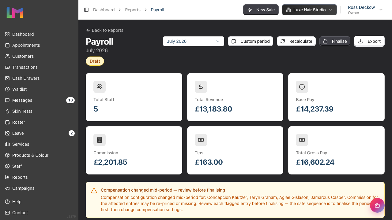 The Payroll report showing the period label, Draft status badge, period selector, the Recalculate, Finalise and Export buttons, and the summary cards