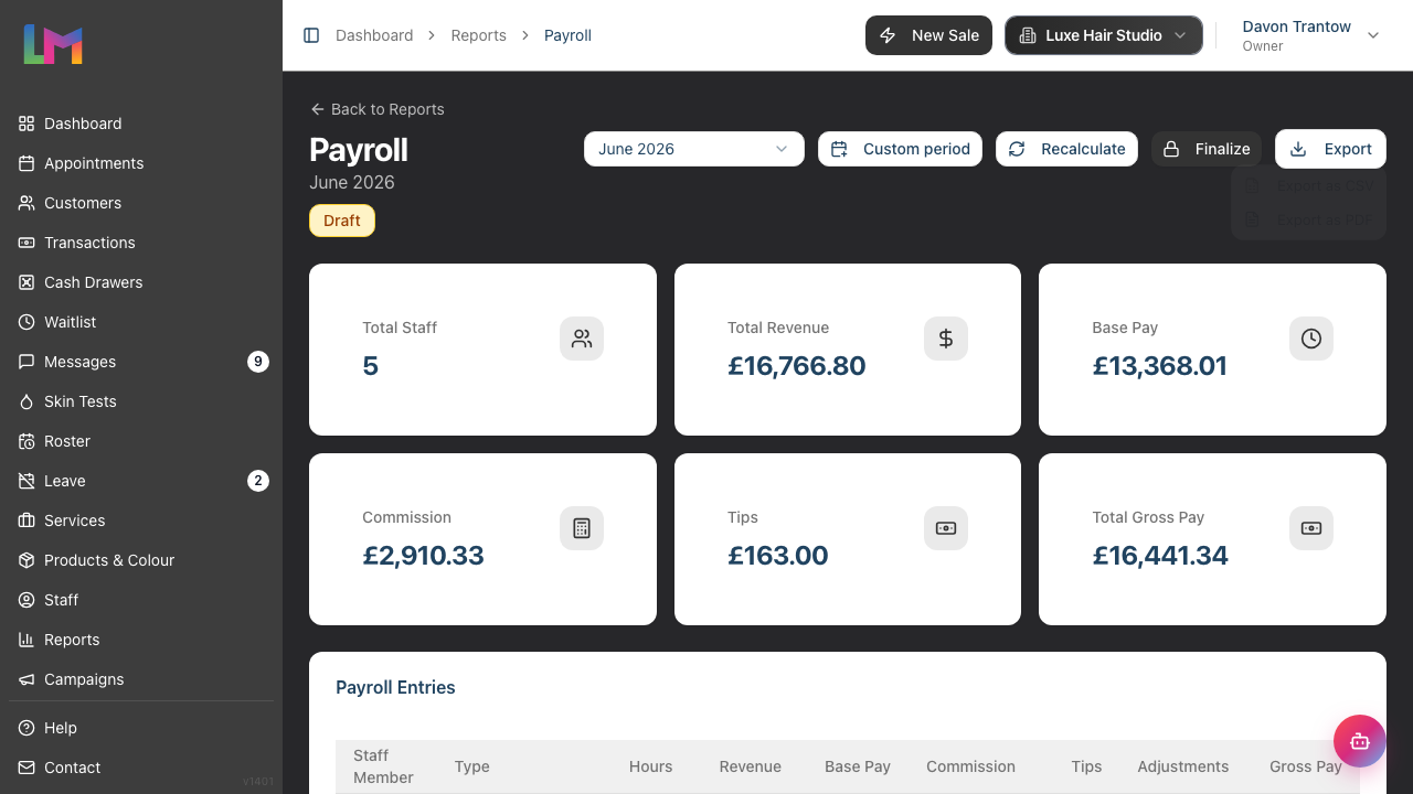 The Export dropdown menu open on the Payroll report, showing the Export as CSV option