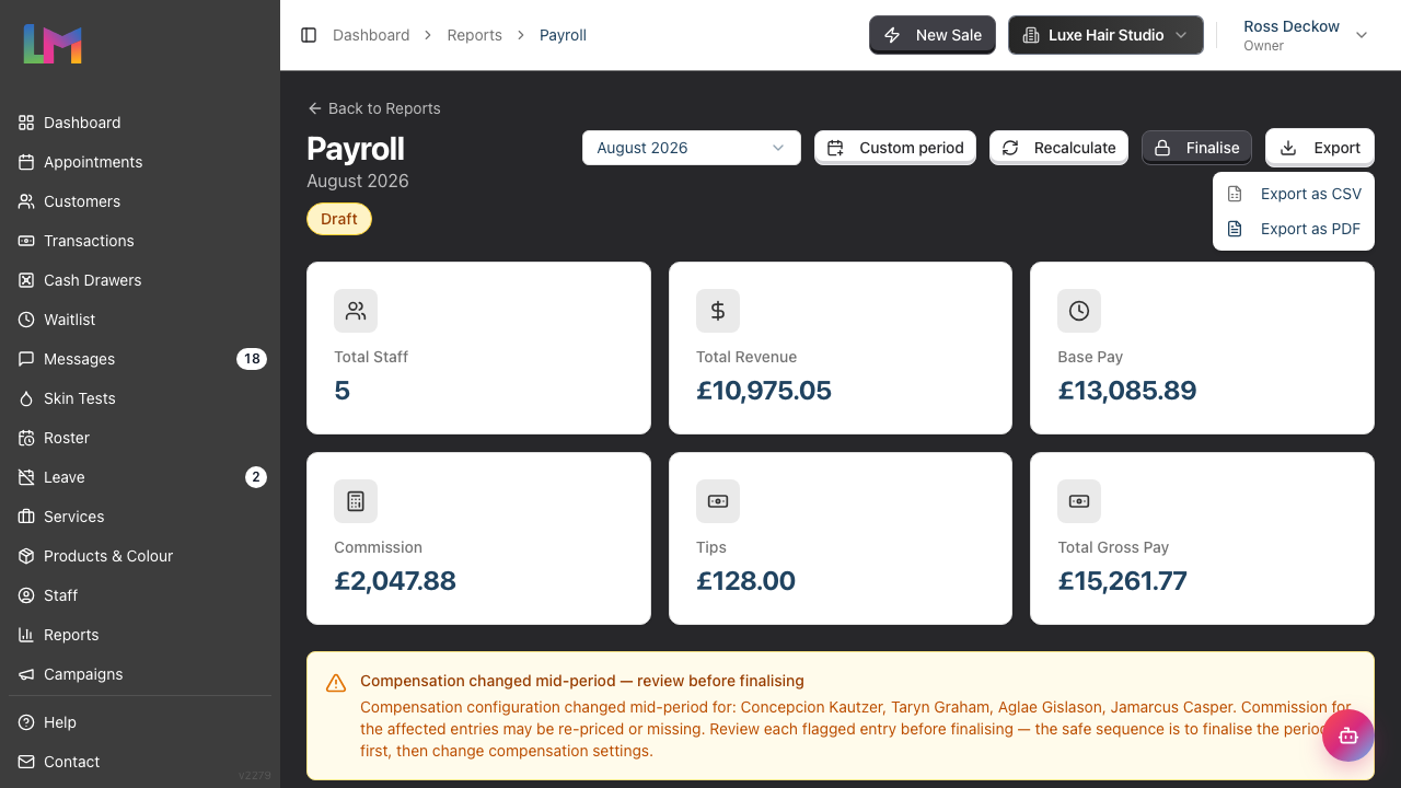 The Export dropdown menu open on the Payroll report, showing the Export as CSV and Export as PDF options