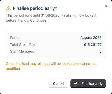 The Finalise period early confirmation dialog, warning that the period runs until 31 August 2026 and offering a Finalise early button