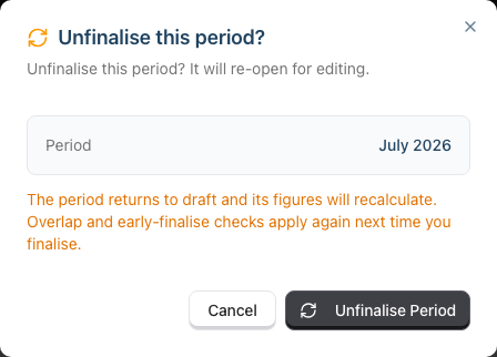 The Unfinalise this period confirmation dialog naming the July 2026 period and warning that its figures will recalculate