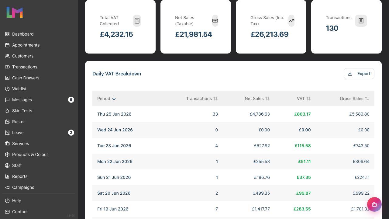 The VAT/Tax Report summary cards showing Total VAT Collected, Net Sales (Taxable), Gross Sales (Inc. Tax) and Transactions for the selected period