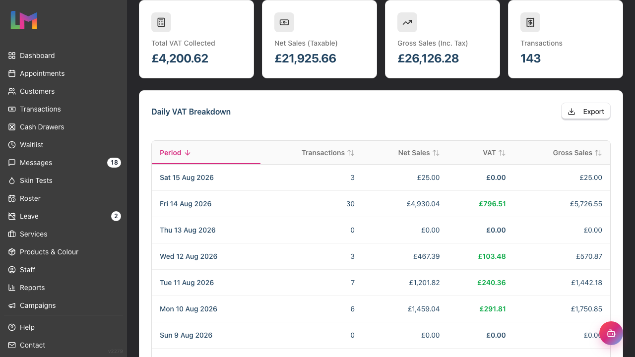 The VAT/Tax Report summary cards showing Total VAT Collected, Net Sales (Taxable), Gross Sales (Inc. Tax) and Transactions for the selected period