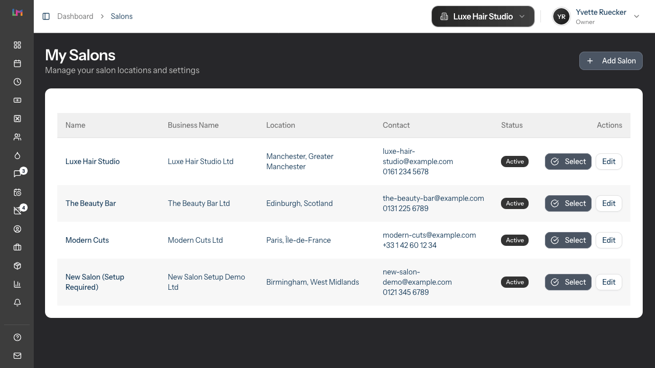 Multiple salons, one login
